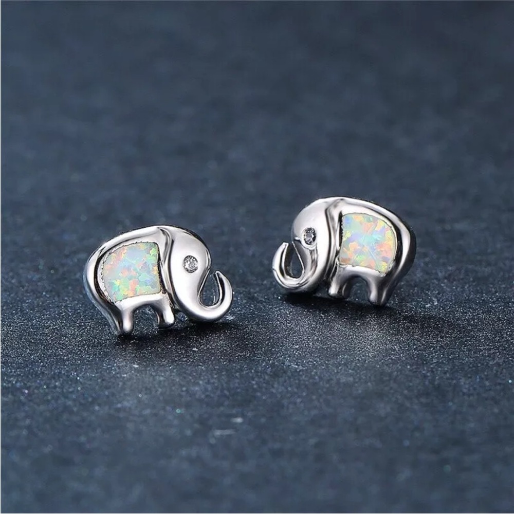 Silver Elephant Stud Earrings with Opal Inlay